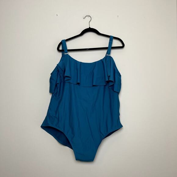 Time & Tru Blue Ruffled Off Shoulder Pull On Padded Full Coverage Swimsuit Sz 3X - Picture 2 of 6
